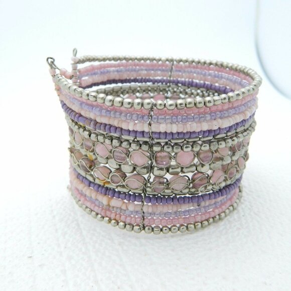 Multi-Colored Pink Purple Glass Bead Beaded Cuff - Picture 2 of 5